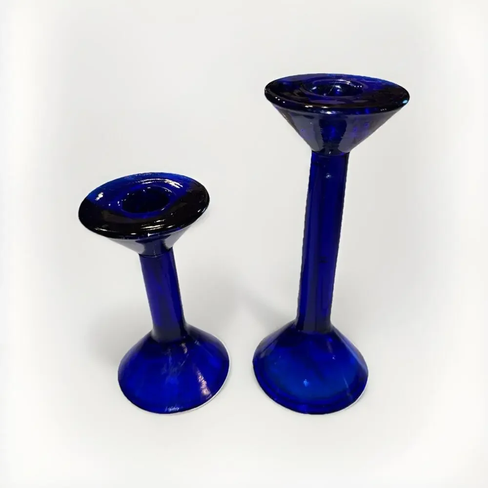 VINTAGE Pair Of Cobalt Blue Taper Candlestick Holders 4 And 6 Inches Tall 1970’s